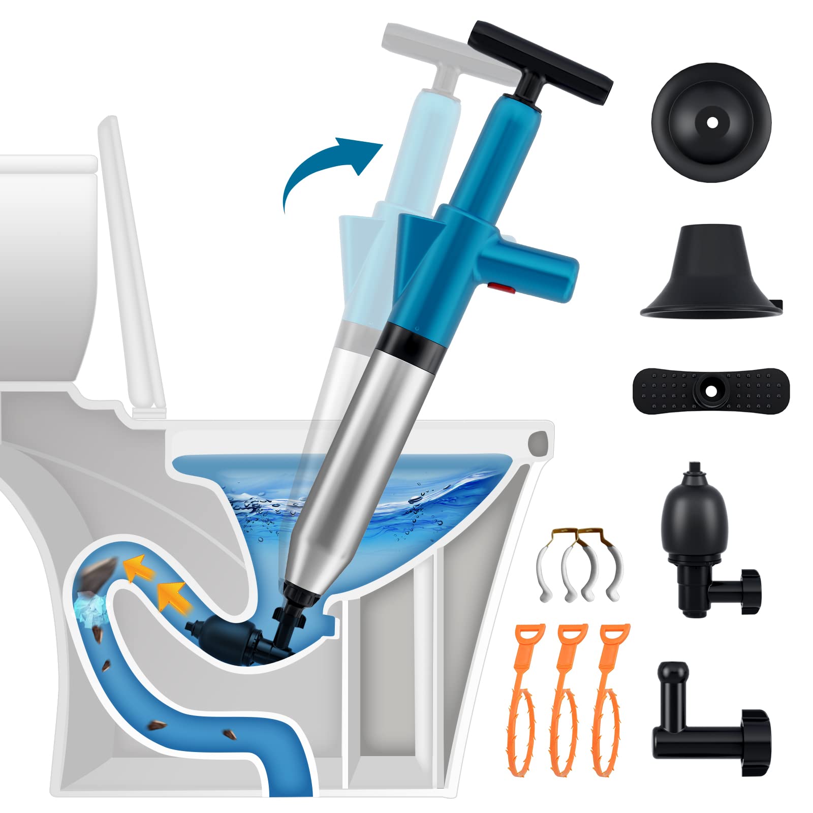 Stainless Steel Toilet Plunger - High Pressure Drain Blaster with Visual Barometer - Manual Clog Remover for Toilets, Sinks, Bathroom Pipes & Floor Drains - Perfect for Home, RV & Commercial Use
