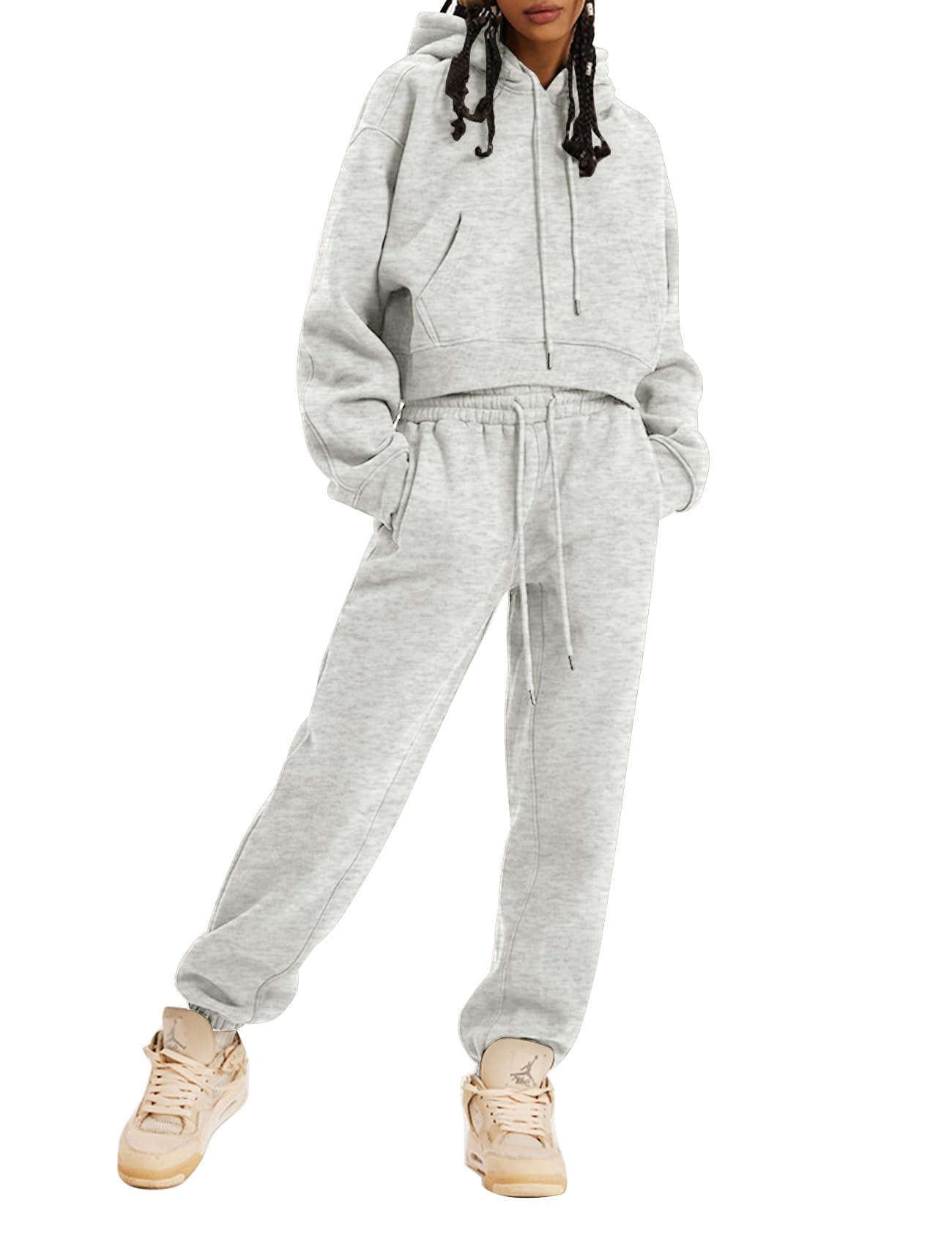 COZYPOIN Women's Fleece 2-Piece Sweatsuit Set - Soft Crop Top & Jogger Pants with Hoodie | Cozy Lounge Wear for Home, Gym & Casual Outfits
