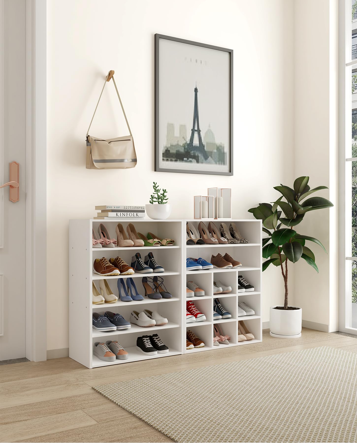 HAIOOU 5-Tier Stackable Wooden Shoe Rack Organizer - Free Standing Shoe Storage Stand with Adjustable Shelf for 10-15 Pairs of Shoes - Space Saving Entryway, Hallway & Closet Organizer - Modern White Finish - Ideal for Small Spaces & Apartment Living