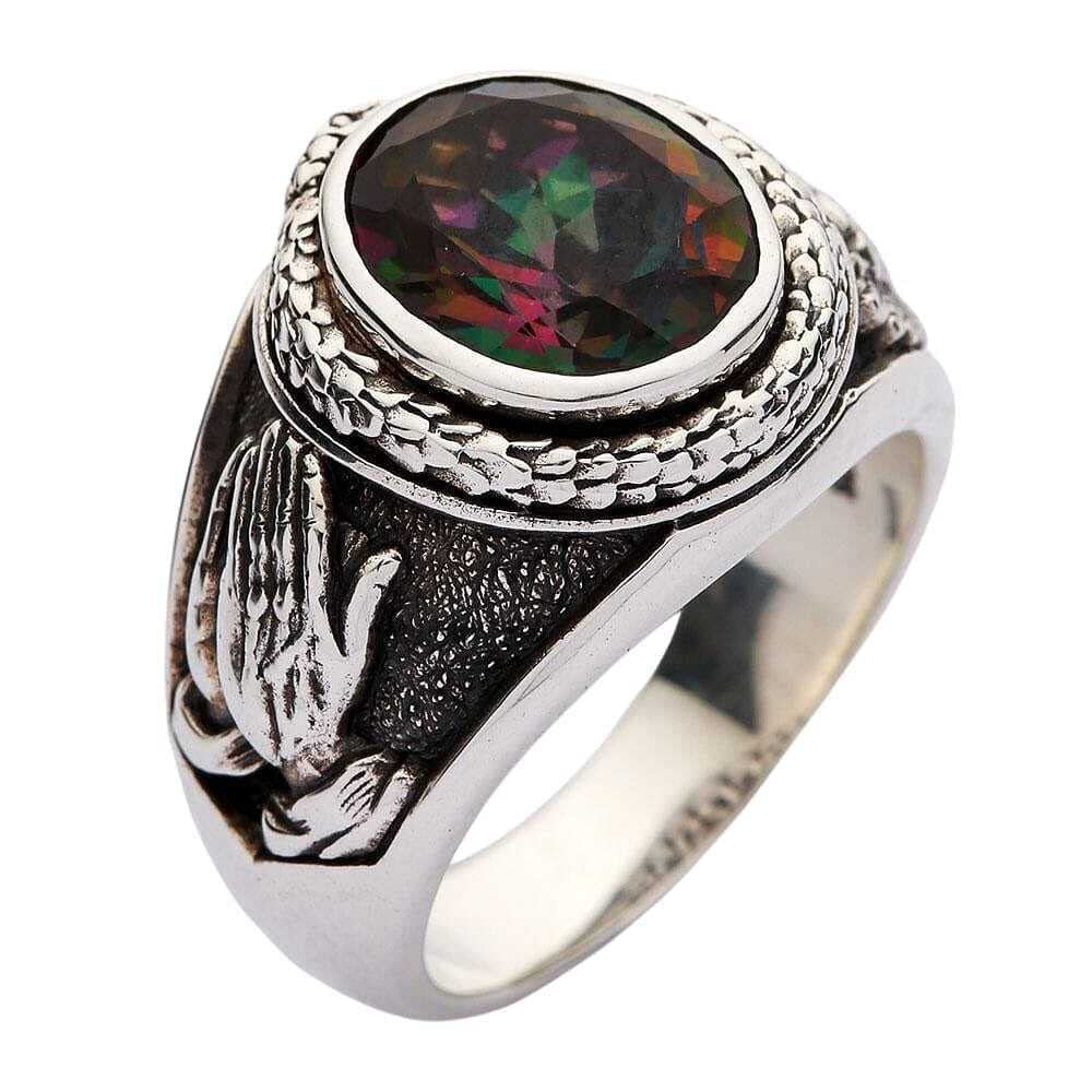 Sterling Silver Mystic Topaz Praying Hands Gothic Ring for Men & Women - Unique Biker Jewelry for Motorcycle Riders & Gothic Fashion Lovers - Perfect for Everyday Wear, Special Occasions & Gift Giving