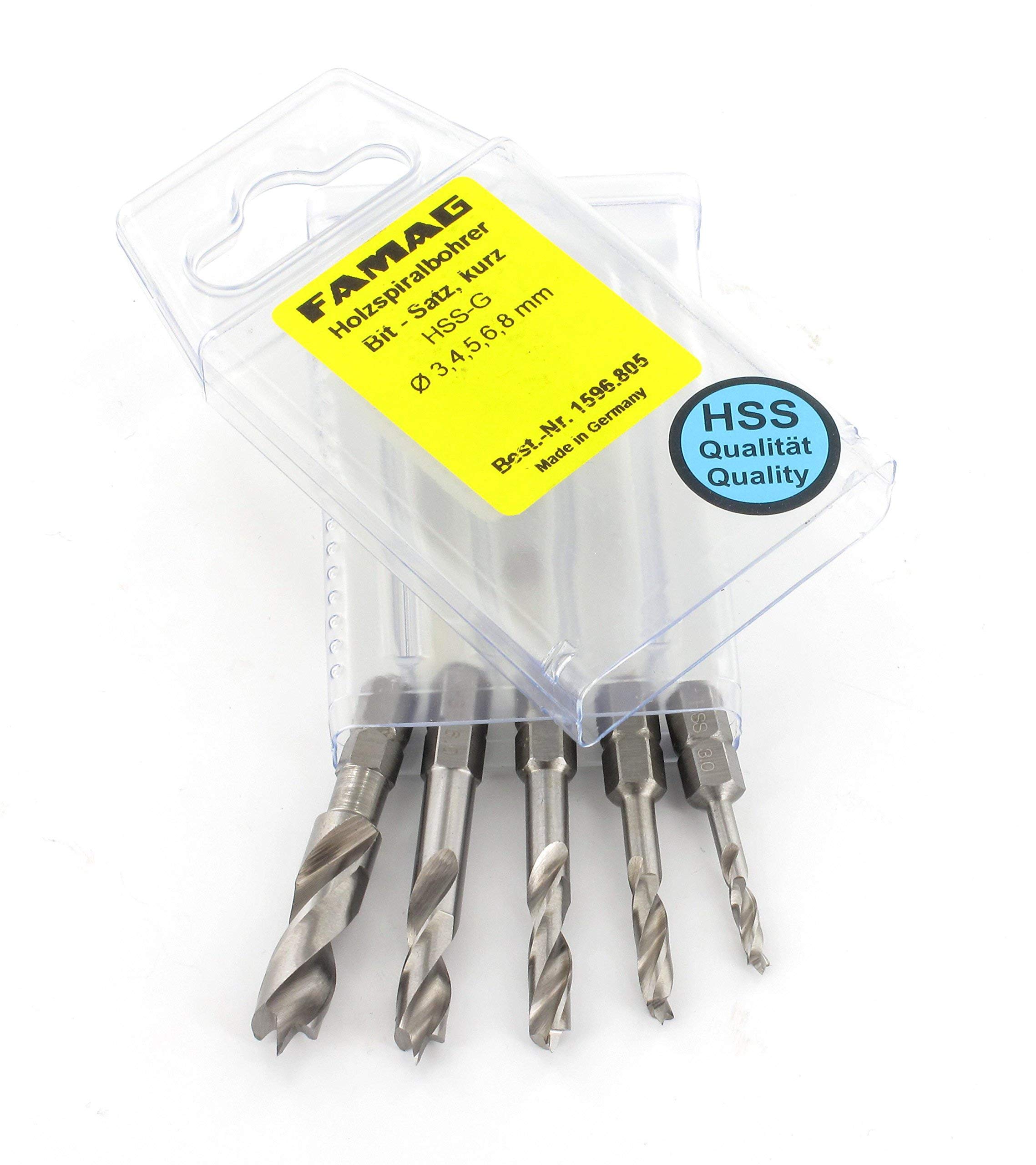 Premium FAMAG 5-Piece Short Brad Point Drill Bit Set (3, 4, 5, 6, 8, 10mm) with Plastic Case - Perfect for Woodworking, Cabinetry & Precision Drilling
