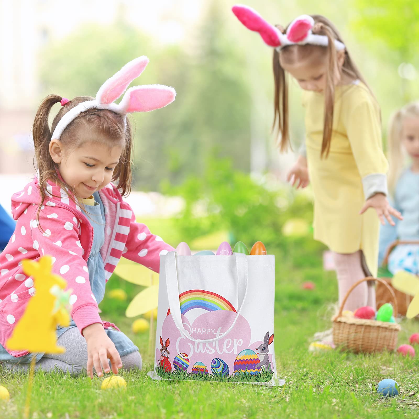 AKEROCK 3-Piece Easter Tote Bags with Handles - Large Reusable Canvas Easter Baskets for Kids Egg Hunt, Easter Party Favors & Spring Gift Baskets