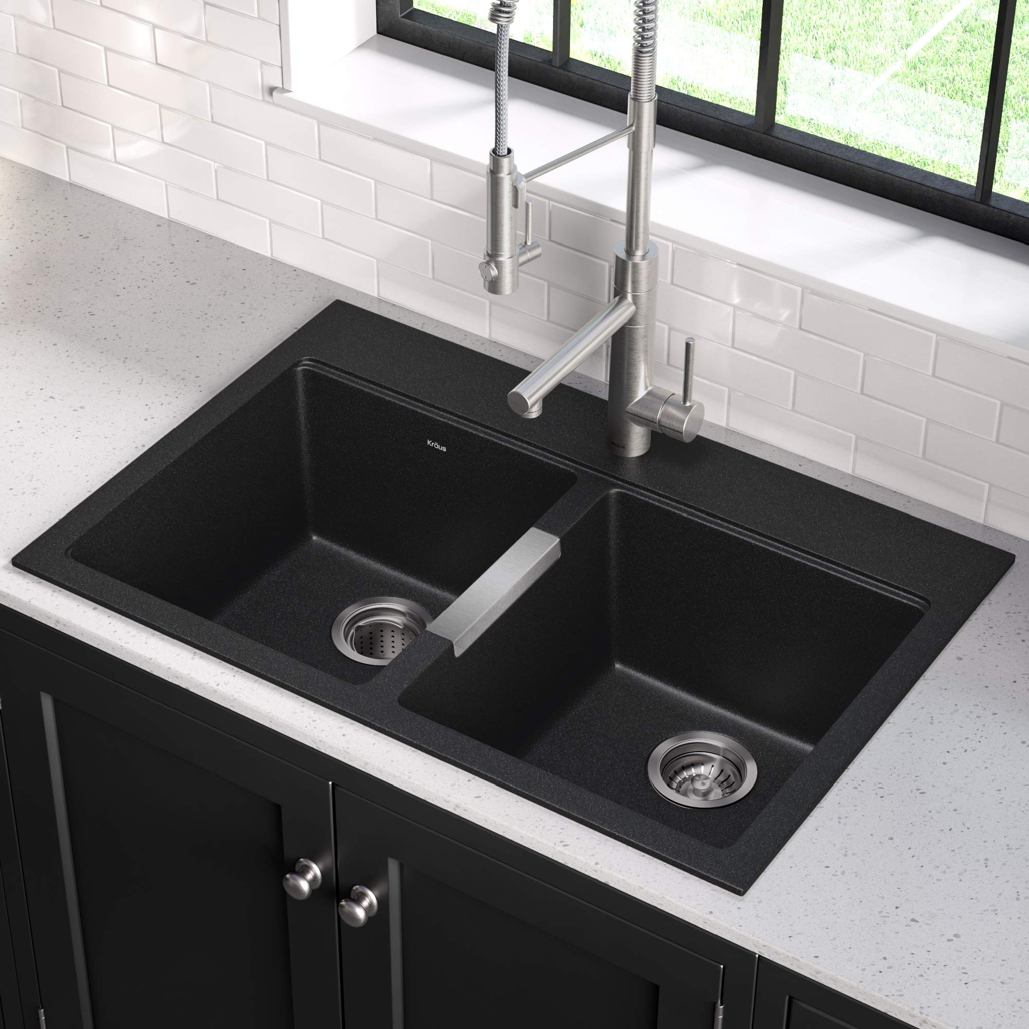 KRAUS 33-Inch Black Onyx Granite Double Bowl Kitchen Sink - Top Mount & Undermount Installation with WasteGuard™ Garbage Disposal (Model KGD-433B-100-75MB) - Perfect for Modern Kitchens, Restaurant Prep Areas & Busy Households