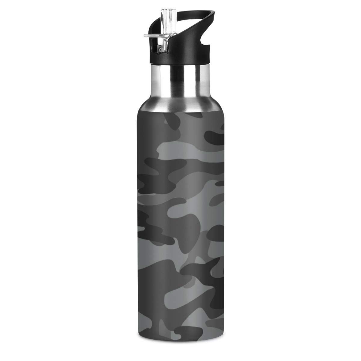 Qilmy 20 oz Stainless Steel Vacuum Insulated Water Bottle with Straw Lid - Camo Sport Thermos Flask for Hiking, Gym & Outdoor Activities