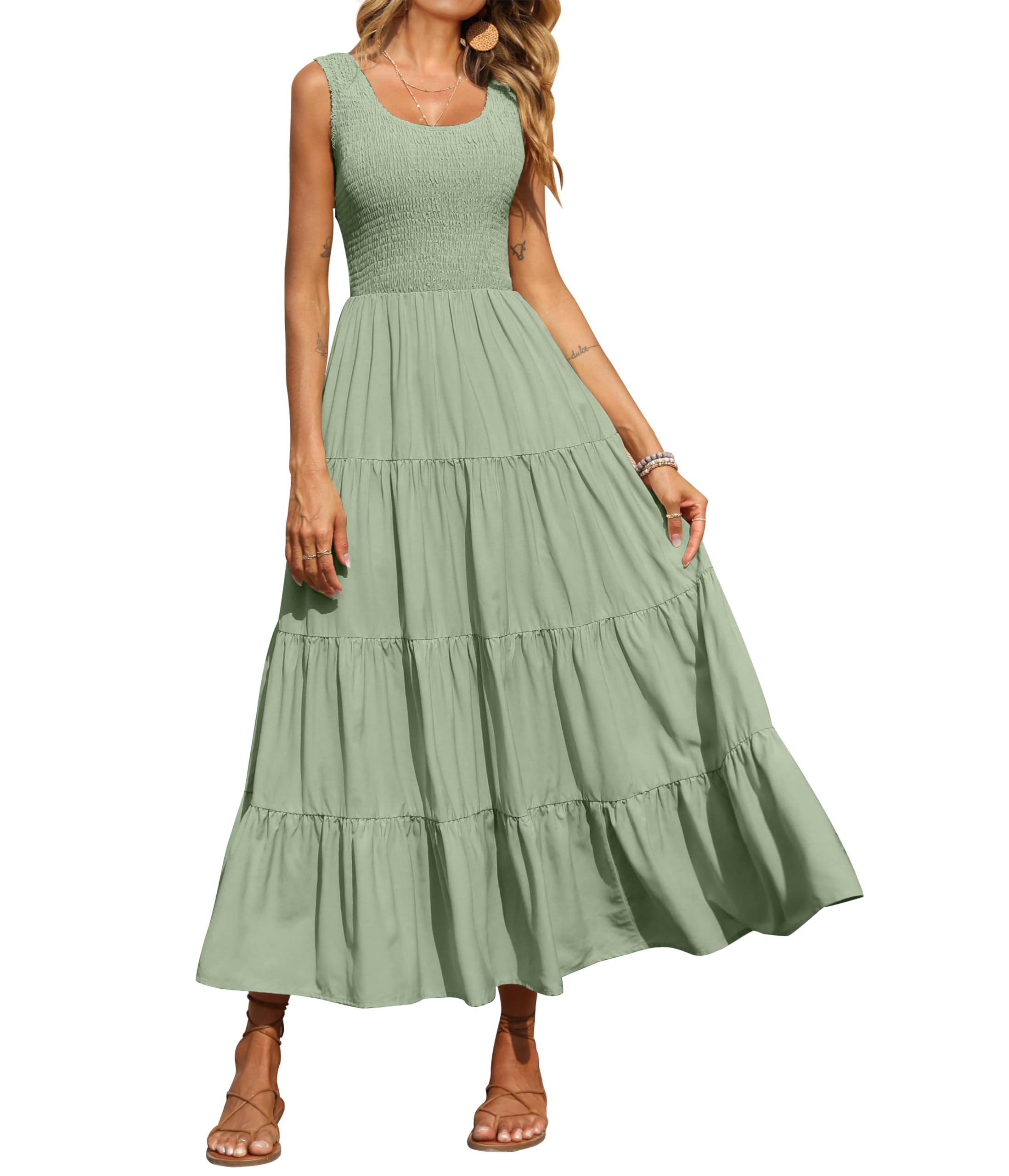PRETTYGARDEN Women's 2025 Casual Loose Plain Maxi Sundress - Smocked Tank Dress Sleeveless Summer Beach Tiered Long Dress for Vacation, Pool Party & Outdoor Date