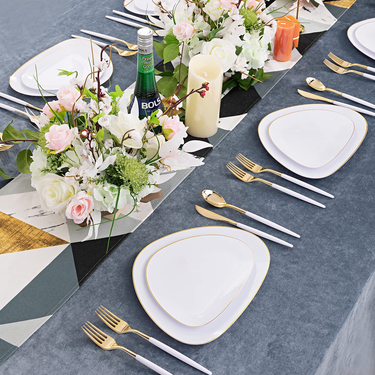 102-Piece Gold Plastic Silverware Set - Disposable Flatware with Dark Gold Handle (34 Forks, 34 Knives, 34 Spoons) + 60 Platinum Plastic Plates (30 Gold & 30 Dessert Plates) - Elegant Party Tableware for Weddings, Birthdays & Special Events