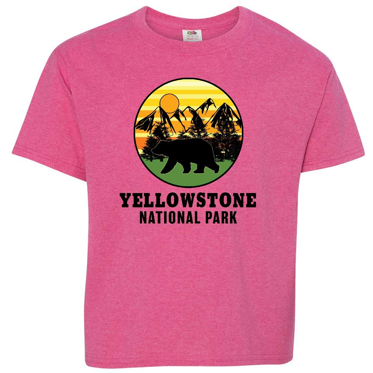 Yellowstone National Park Bear Mountains Trees Youth T-Shirt - Kids Outdoor Adventure & Travel Apparel for National Park Visits