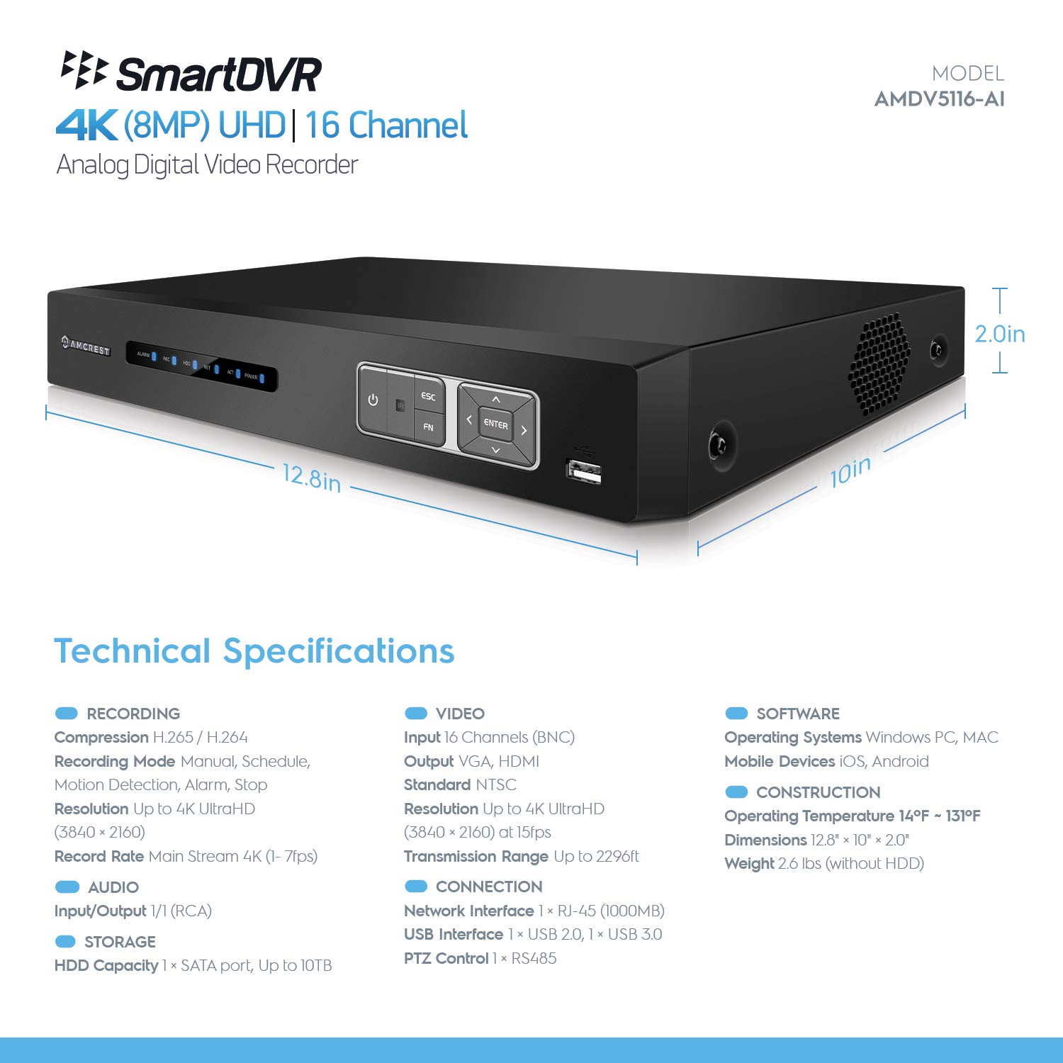 Amcrest 4K UltraHD 16 Channel AI DVR Security Camera System with 4TB HDD - 8MP Digital Video Recorder for Analog & IP Cameras | AI Smart Detection | Home & Business Surveillance Solution