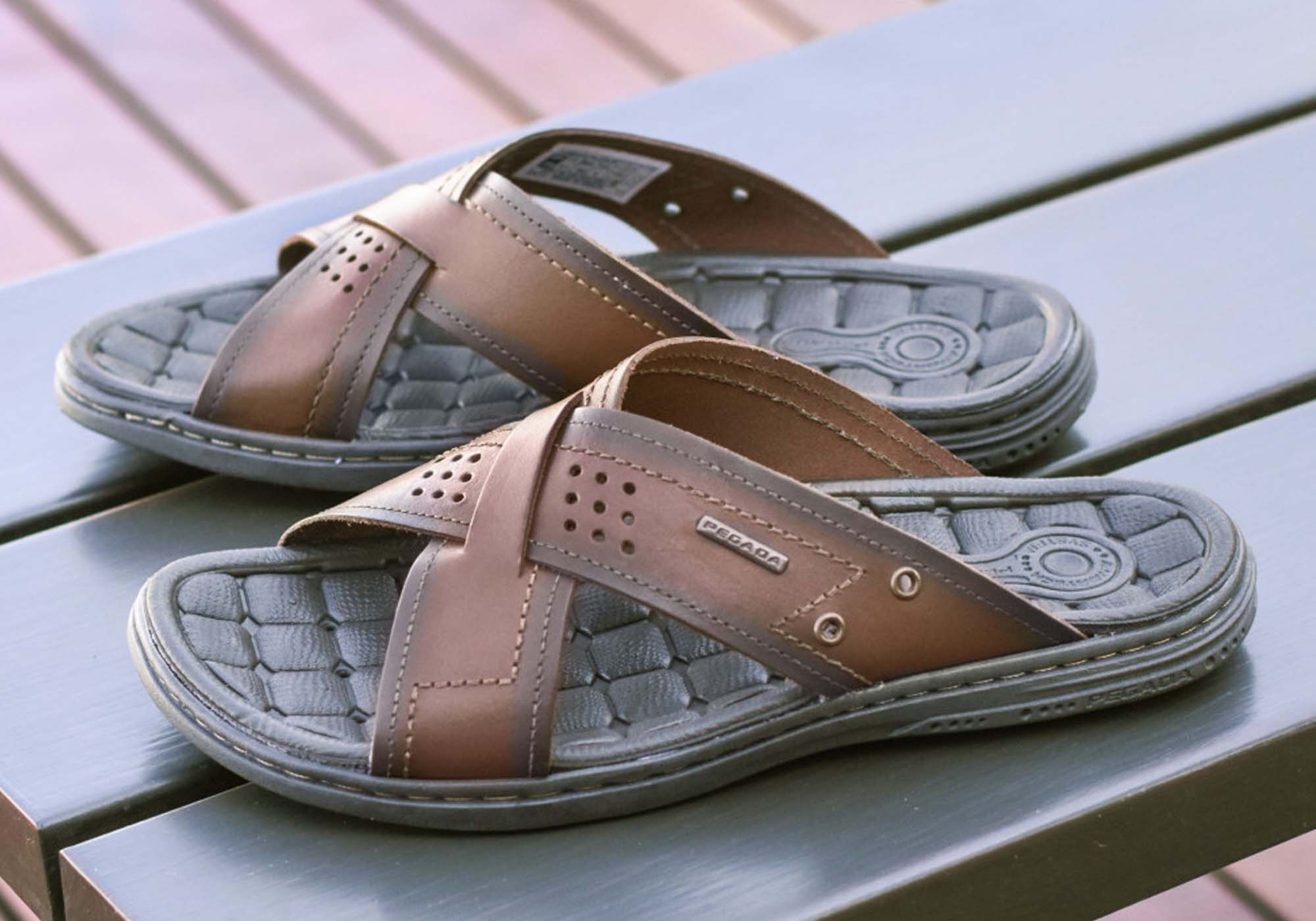 **Perry Men's Comfortable Leather Slides Sandals - Handmade in Brazil - Perfect for Casual Wear, Beach & Poolside**