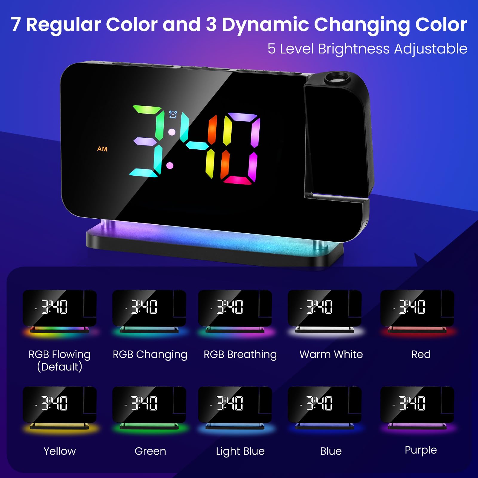 Digital Projection Alarm Clock with 180° Rotatable LED Mirror Display - RGB Night Light, USB Charger, Auto Dimmer, FM Radio & Snooze Function - Perfect for Bedrooms, Home Office & Travel (Black)