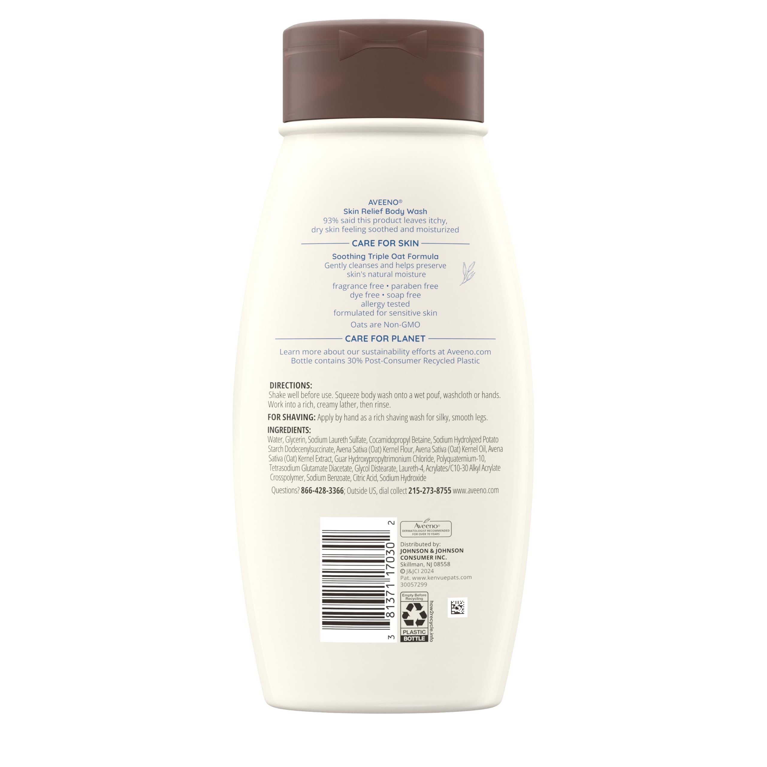 Aveeno Skin Relief Fragrance-Free Body Wash with Triple Oat Formula - Gentle Daily Cleanser for Sensitive Skin - Soothes & Moisturizes Itchy, Dry Skin - Soap-Free, 18 fl oz - Perfect for Shower & Bath Time