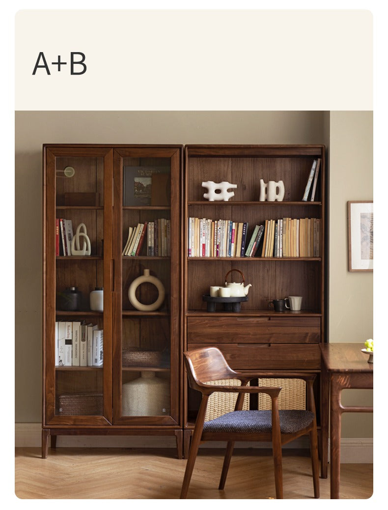 Premium Black Walnut & Ash Solid Wood Bookcase with Dust-Proof Glass Doors - Stylish Home Office & Living Room Storage Solution