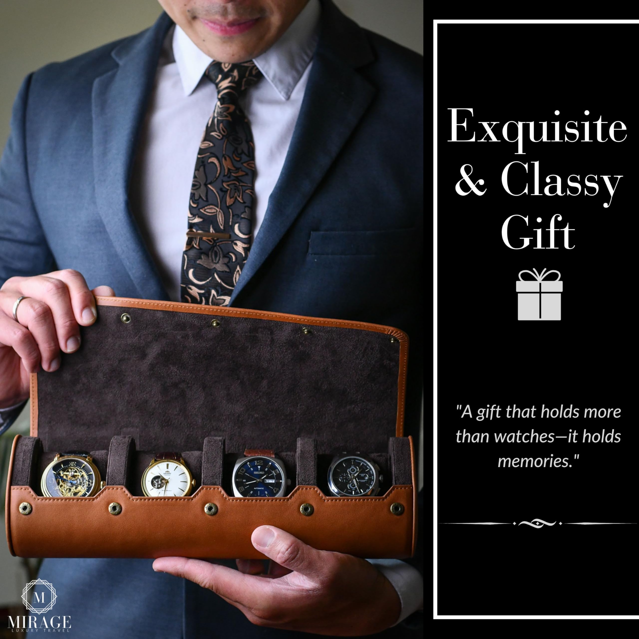 4-Piece Leather Watch Travel Case for Men - Premium Brown Full Grain Cowhide Watch Roll Storage Organizer - Perfect for Business Trips, Vacations & Watch Collectors