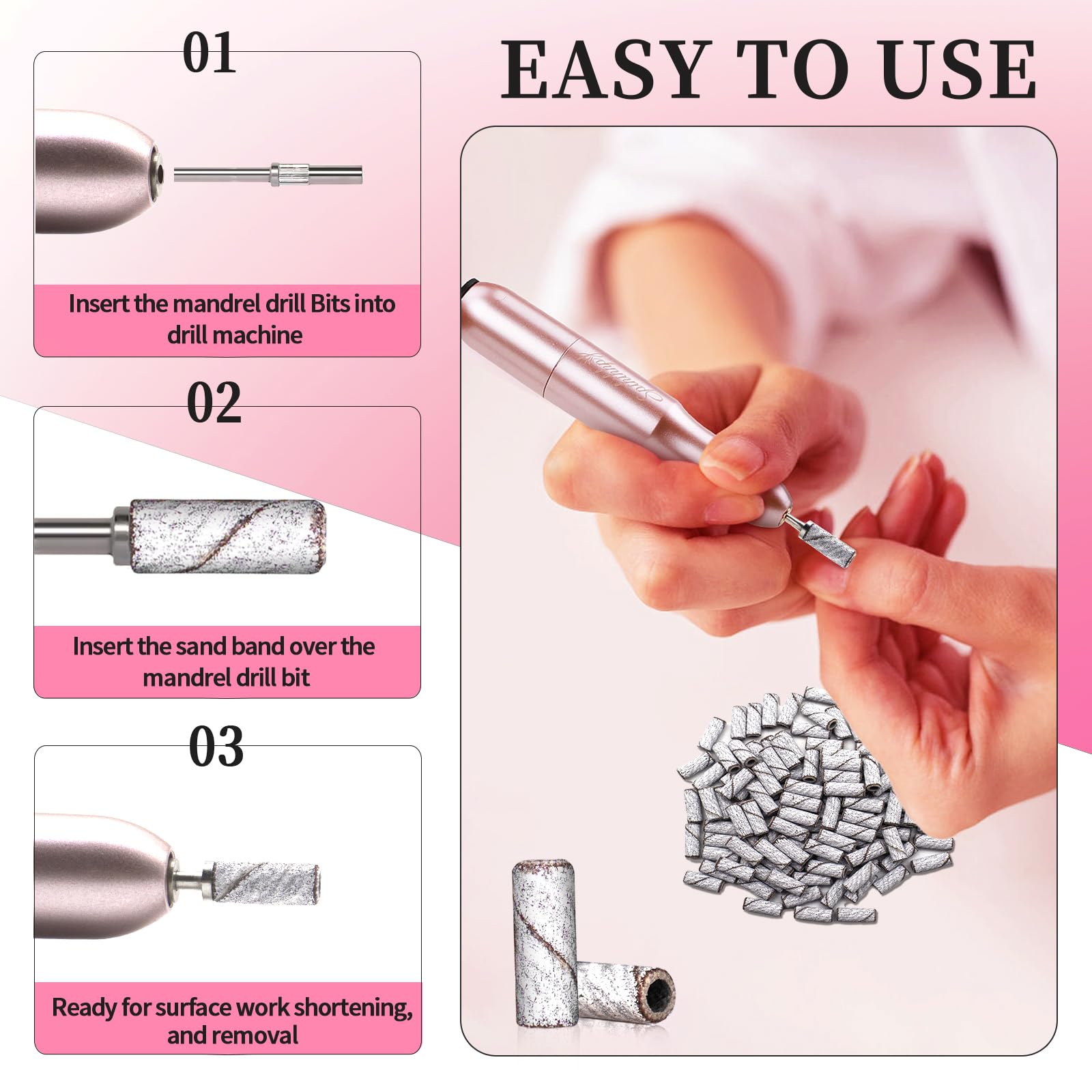 180 Grit Small Nail Sanding Bands - 100 Pcs Pink Sanding Bands for Nails, 3.1mm Nail Drill Bit Included - Fine Grit Sanding Bands for Natural, Acrylic & Gel Nails - Perfect for Manicure, Pedicure & Nail Art