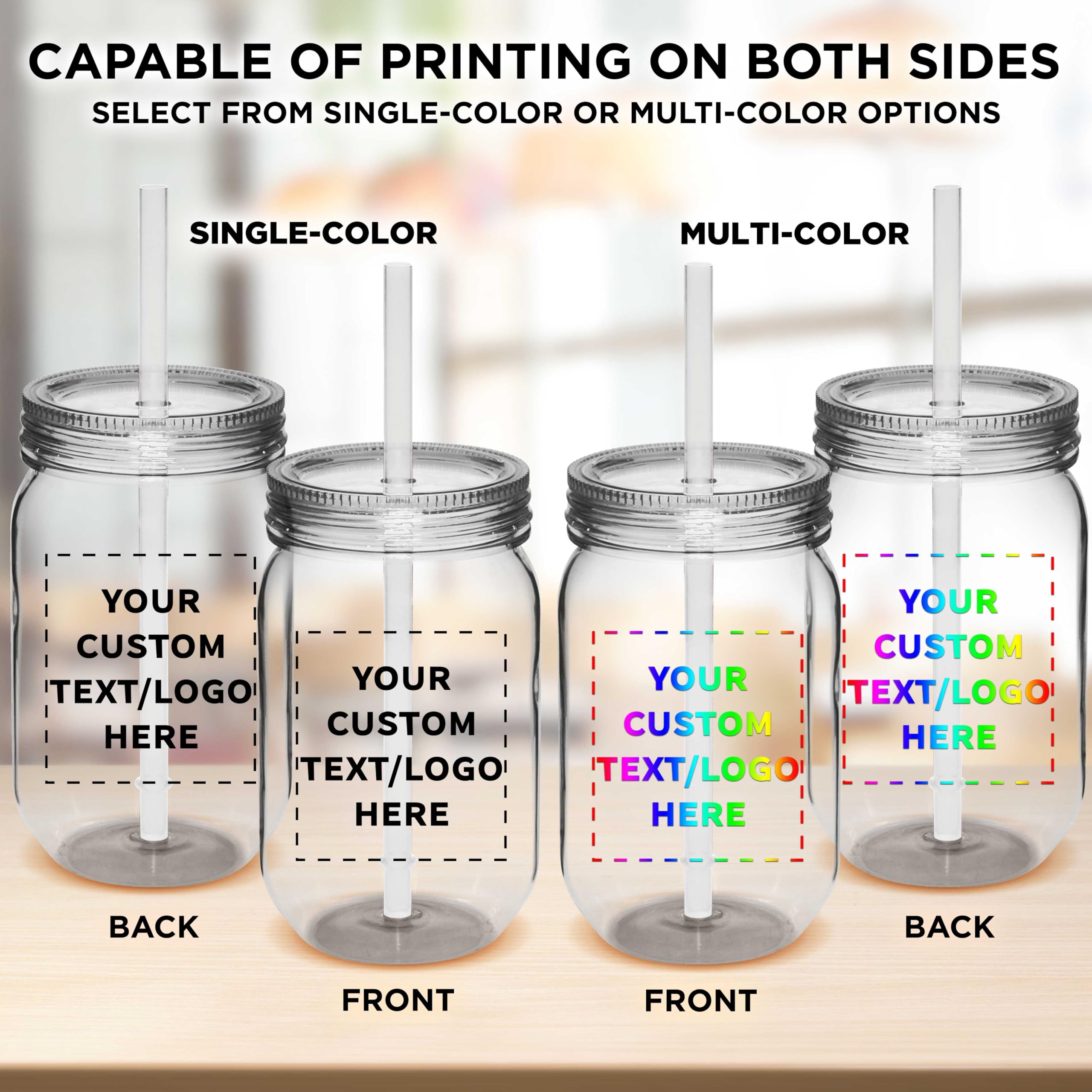 50-Pack 24oz Clear Custom Plastic Mason Jars with Straws - Bulk Personalized Jars for Overnight Oats, Candies, Fruits, Pickles & Beverages - Perfect for Meal Prep, Party Favors & DIY Storage