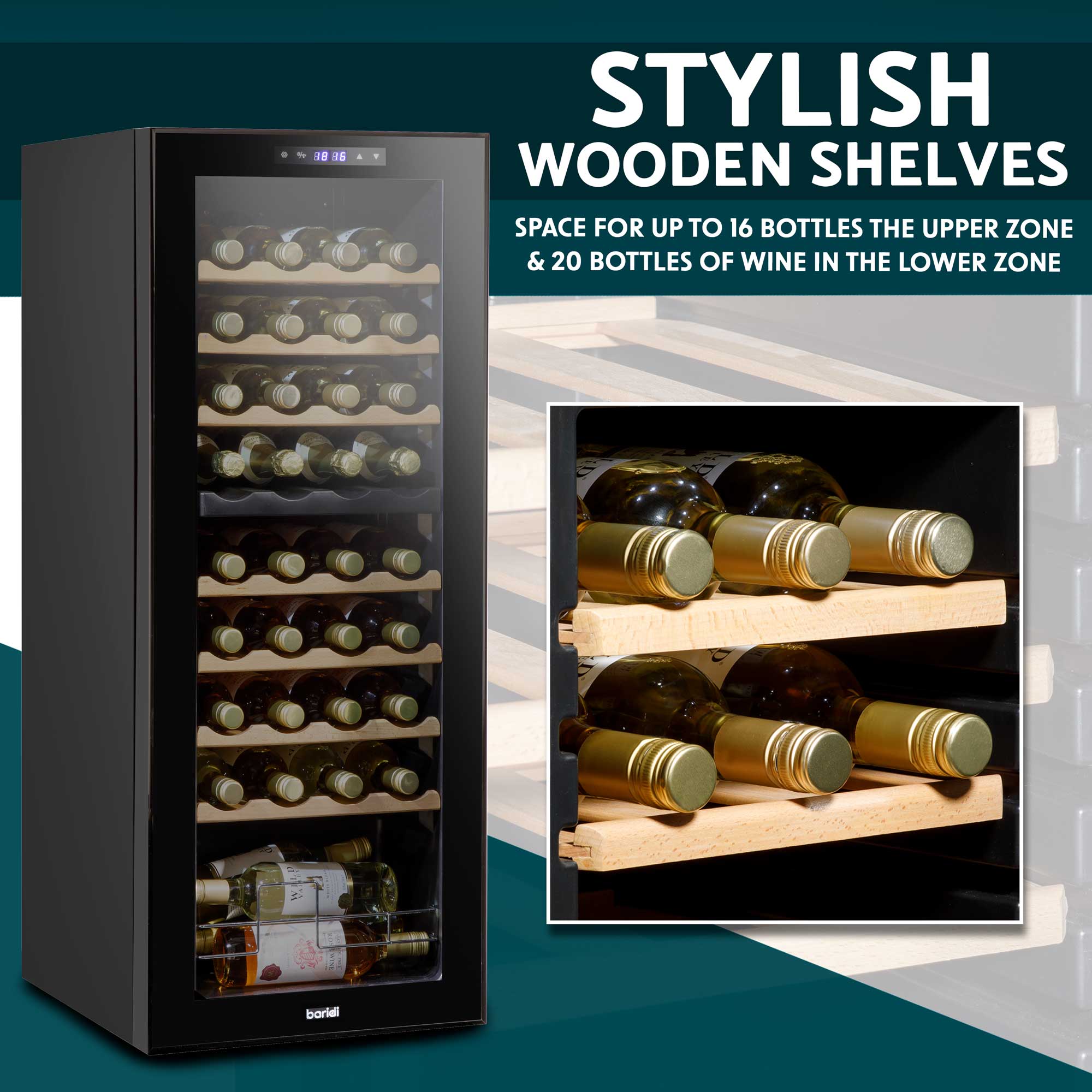 36 Bottle Dual Zone Wine Cooler Refrigerator with Touch Controls, Wooden Shelves & LED Display - Perfect for Home Bars, Restaurants, and Wine Cellars - Baridi DH91