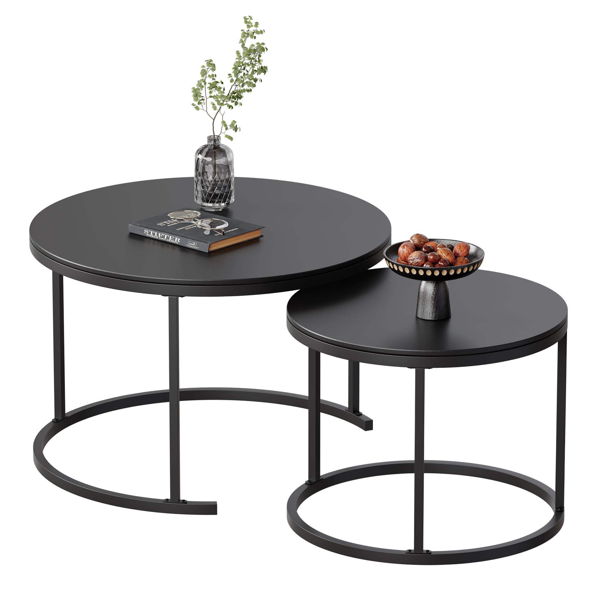 Modern Round Nesting Coffee Table Set of 2 - Black Sintered Stone Top with Sturdy Metal Frame - Living Room Center Table for Small Spaces | Perfect for Apartments, Condos & Cozy Home Decor