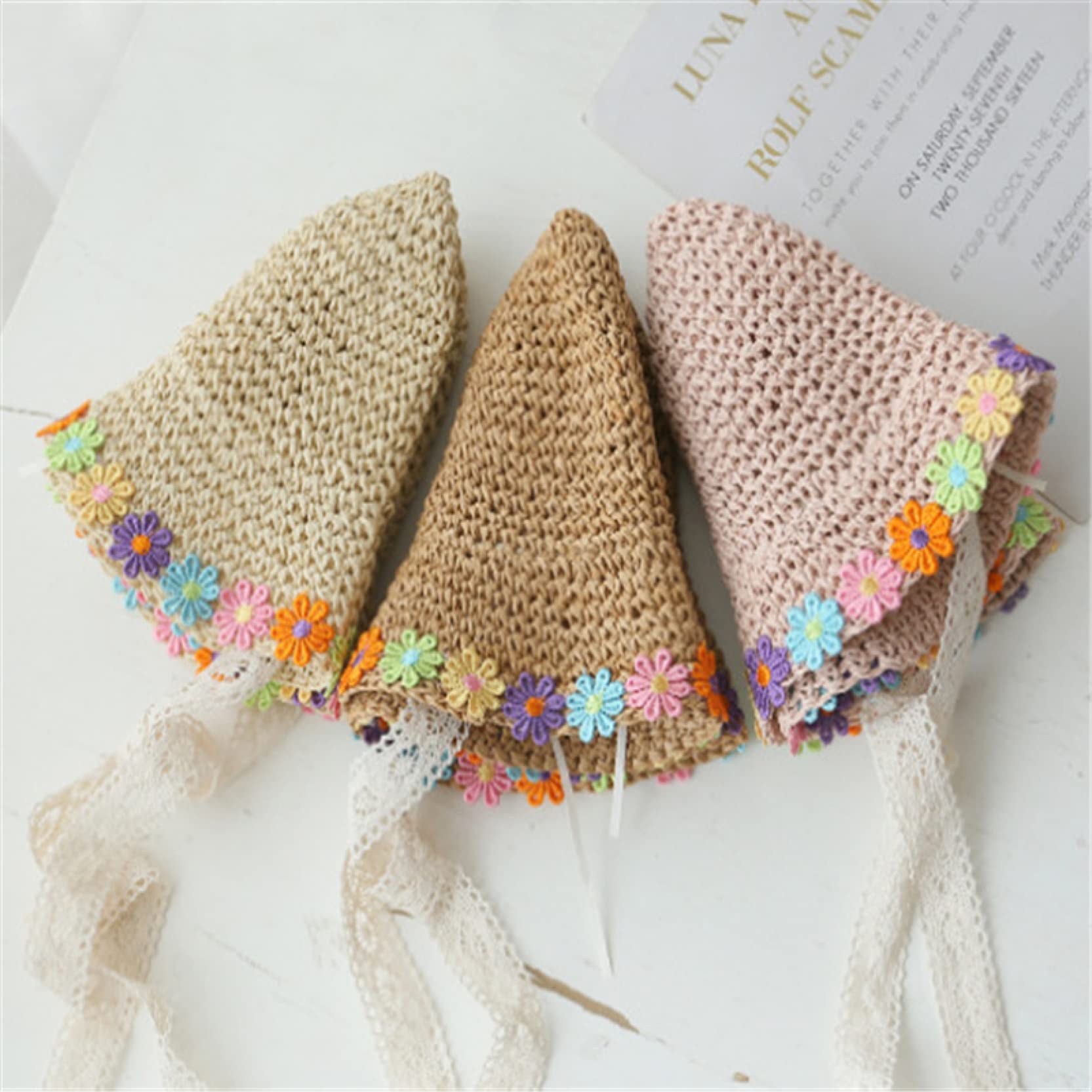 Kids Straw Bucket Hats with Lace Chin Strap & Floral Design - Breathable Wide Brim Summer Beach Hat for Sun Protection - Perfect for Outdoor Play, Vacations, and Pool Parties