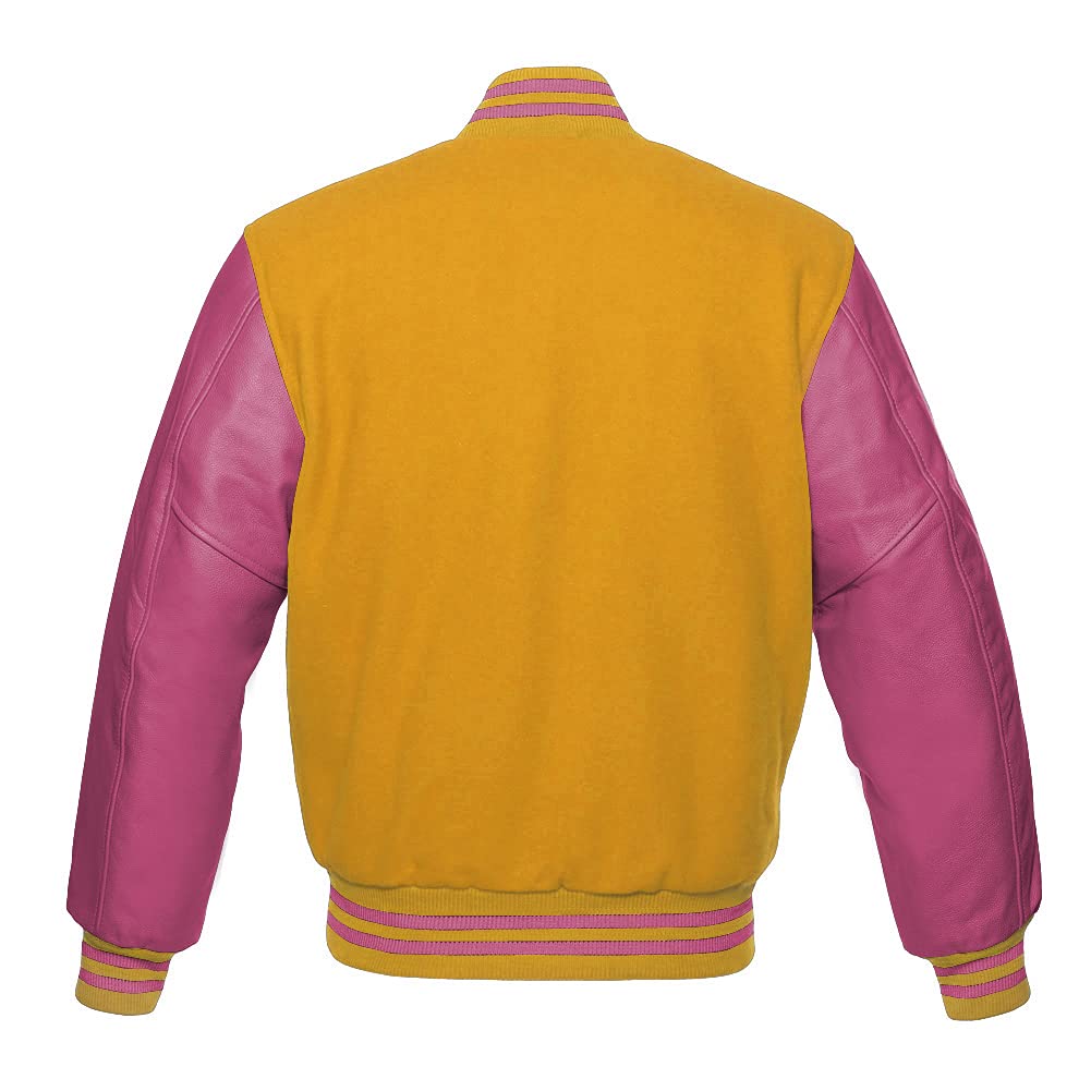 Premium Wool & Genuine Leather Varsity Jacket - Baseball Letterman Bomber with Pink Sleeves for School & College | Perfect for Sports Events, Casual Wear & Retro Fashion