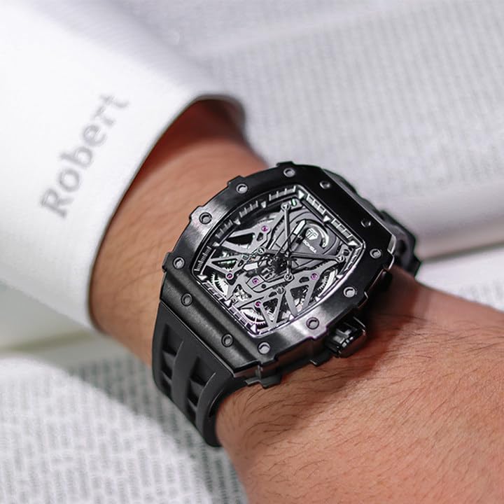 TSAR BOMBA Men's Luxury Automatic Skeleton Watch - Silver Tonneau Square Big Face with Silicone Strap, 50M Waterproof Analog Watch for Business & Casual Wear - Perfect for Office, Date Night & Special Occasions
