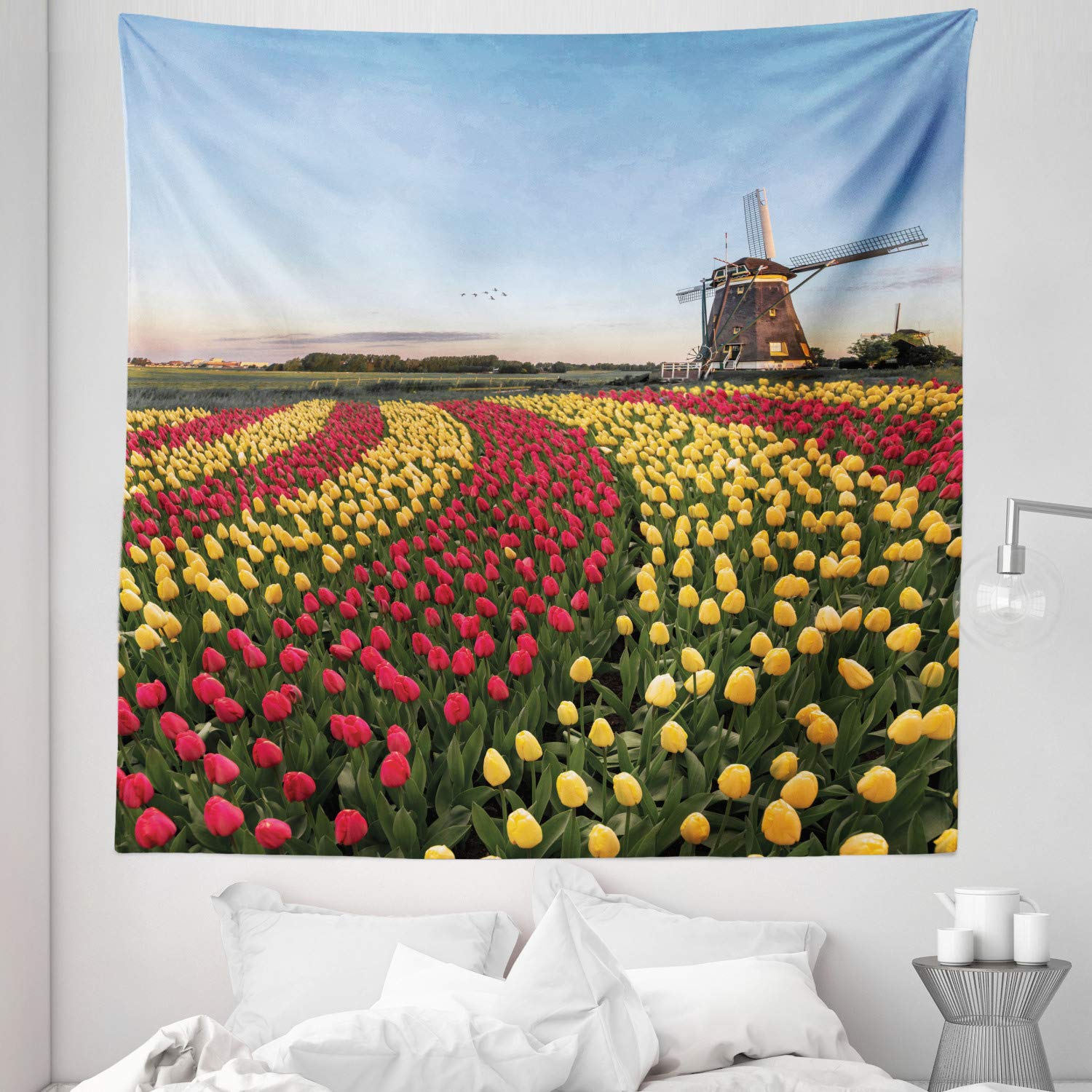 Ambesonne Amsterdam Queen Size Tapestry - Spring Tulip & Windmill Landscape Wall Hanging, 88x88 Inch Multicolor Bedspread & Wall Decor for Living Room, Bedroom, Dorm
