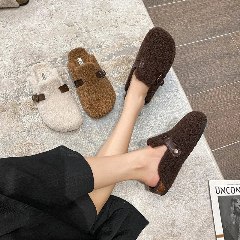 2023 Winter Warm Women's Plush Slippers - Cozy Indoor/Outdoor Flat Shoes for Home & Office - Ladies Casual Mules Size 41-43 - Perfect for Lounging, Working & Winter Comfort
