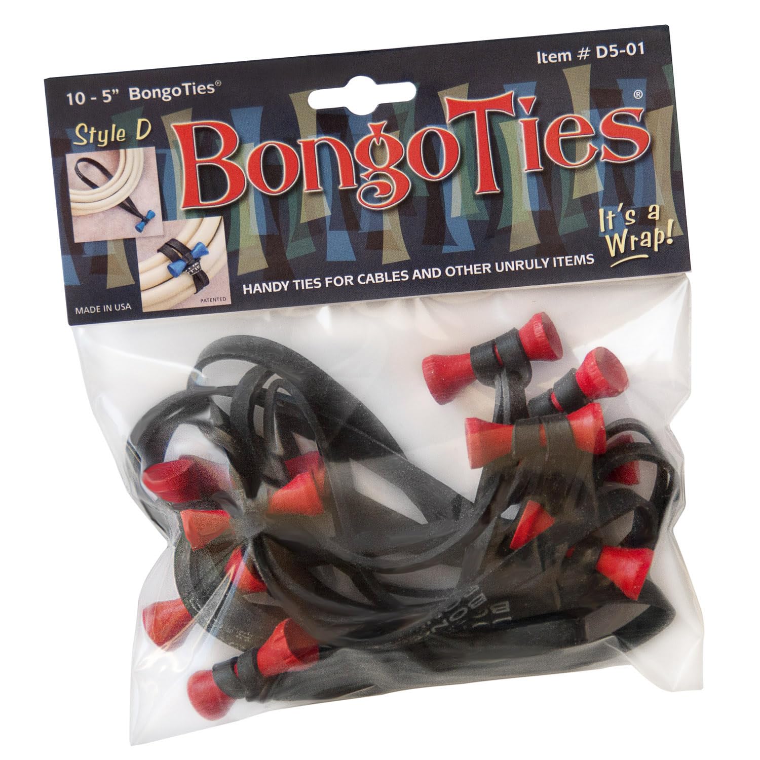 10 Pack Red & Black Lava Bongo Ties Style-D | Natural Rubber & Bamboo Professional Cable Ties | Handy Organizer for Wires, Cords, Home Office & Electronics Accessories