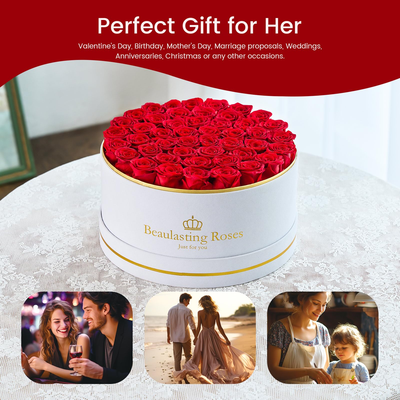 47 Piece Preserved Roses in a Box - Eternal Fresh Red Roses for Mother's Day, Birthday, Valentine's Gift for Women, Wife, Mom | Home Decor, Wedding Centerpiece, Romantic Surprise