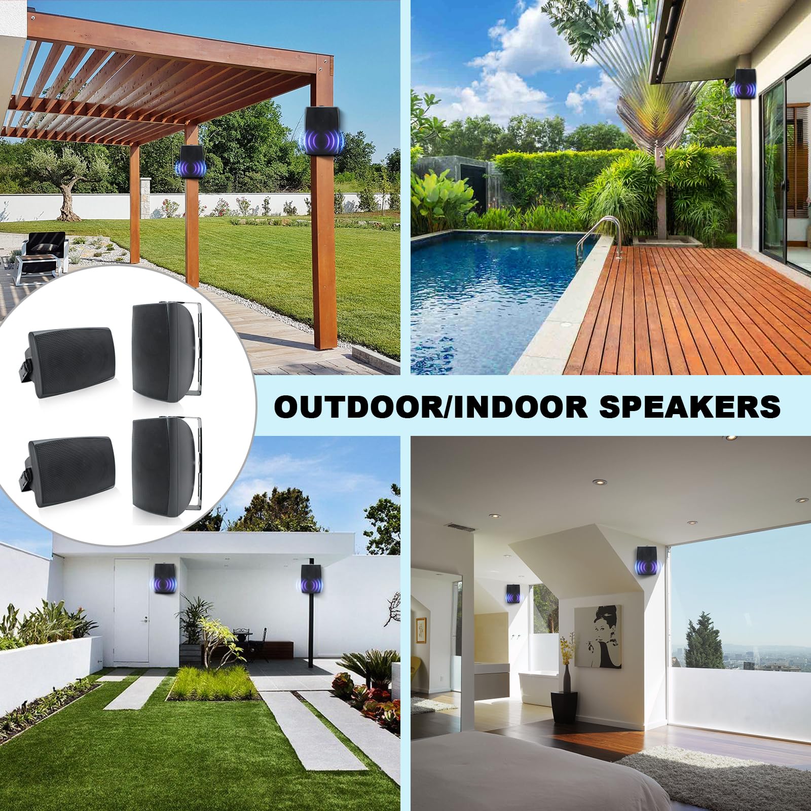 Herdio 6.5 Inch 800W Outdoor Waterproof Bluetooth Speakers with Amplifier - Wall Mount Wireless/Wired Patio Speakers for Home, Pool, Deck, Backyard (4 Pack, Black) | Perfect for Parties, BBQs, and Outdoor Entertainment