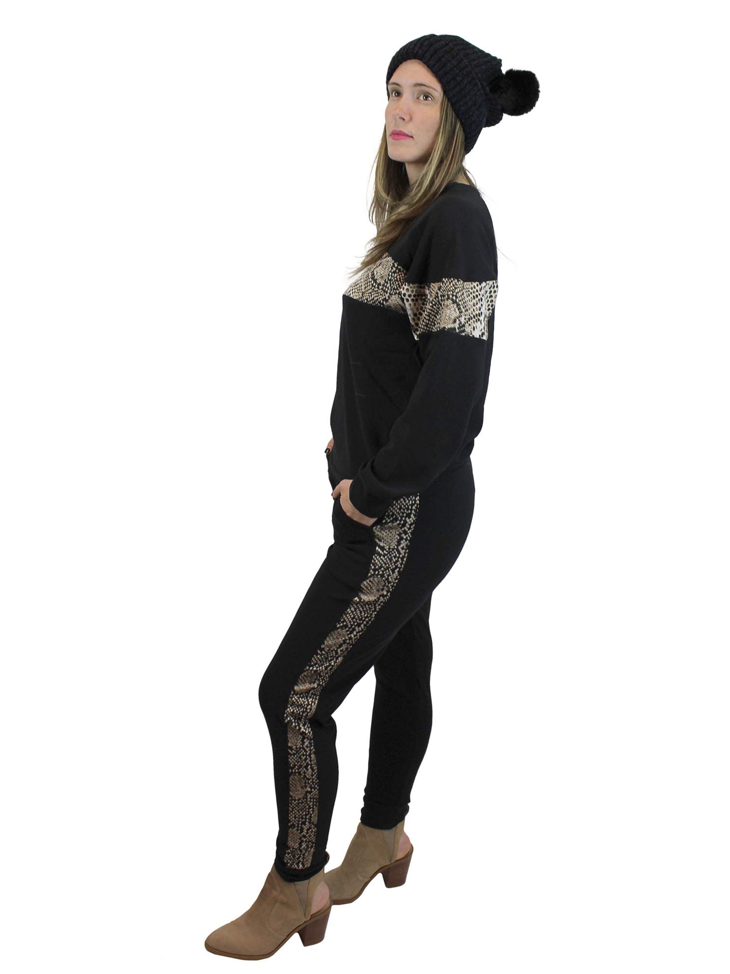 Animal Print Accent Black Pullover Sweatshirt and Jogger Set - Cozy Matching Outfit for Women, Lounge Wear, Casual Street Style