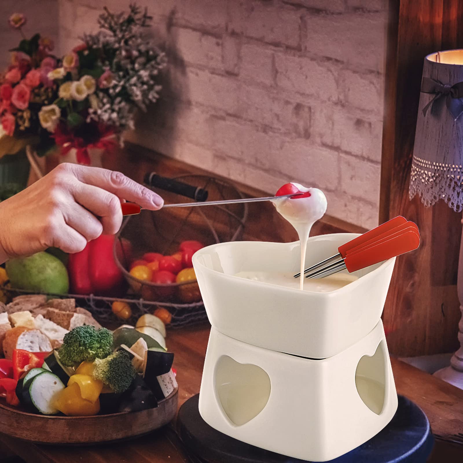 White Ceramic Butter Warmer Set - Heart Shaped Fondue Pot for Melting Cheese, Chocolate & Caramel - Includes 4 Forks - Perfect for Romantic Dinners, Parties & Family Gatherings