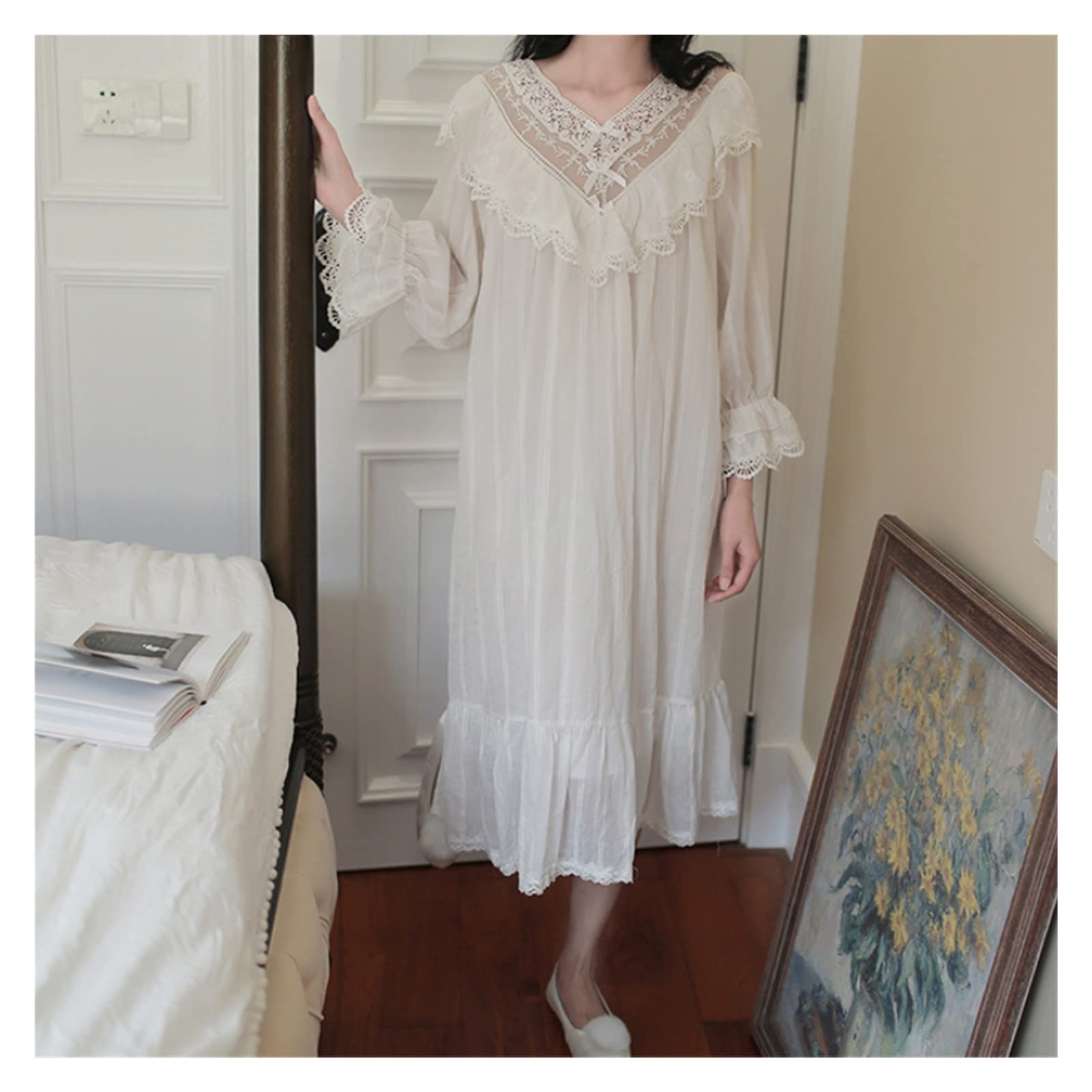 Women's Cotton Embroidered Lace Princess Nightdress - XL Size Soft Sleepwear for Home & Lounge | Elegant Pajama Set for Women | Comfortable Nightgown for Relaxation & Bedtime