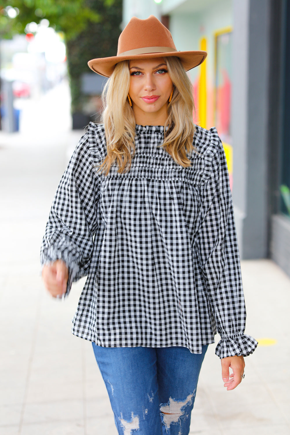 Stylish Black Gingham Shirred Yoke Mock Neck Frilled Top for Women | Vintage-Inspired Blouse for Casual Outfits & Date Nights