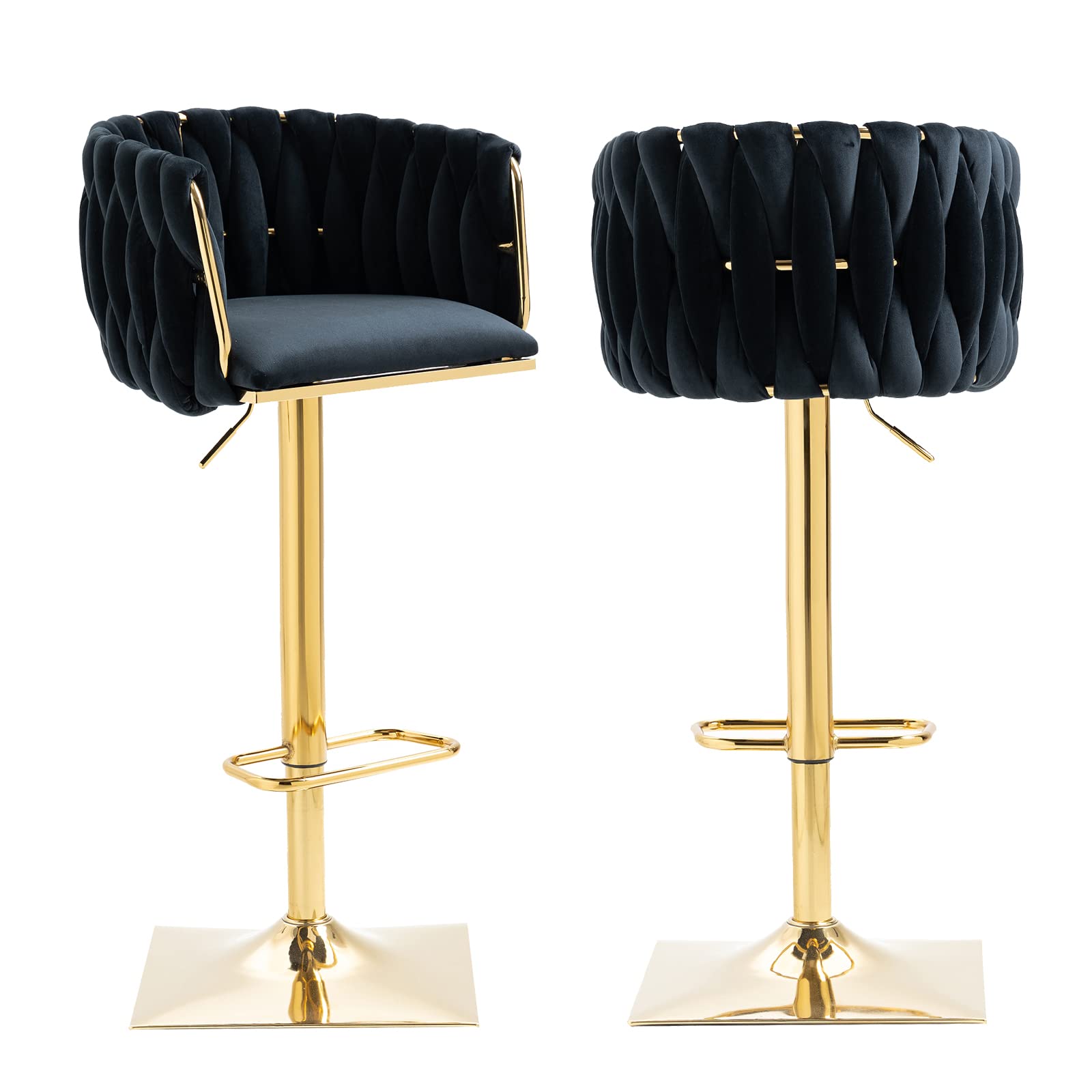2 Pack Swivel Velvet Bar Stools - Adjustable Height Modern Counter Stools with Woven Back, Upholstered Seating for Kitchen Island, Home Bar, Cafe & Farmhouse Decor - Perfect for Entertaining & Dining (Black)