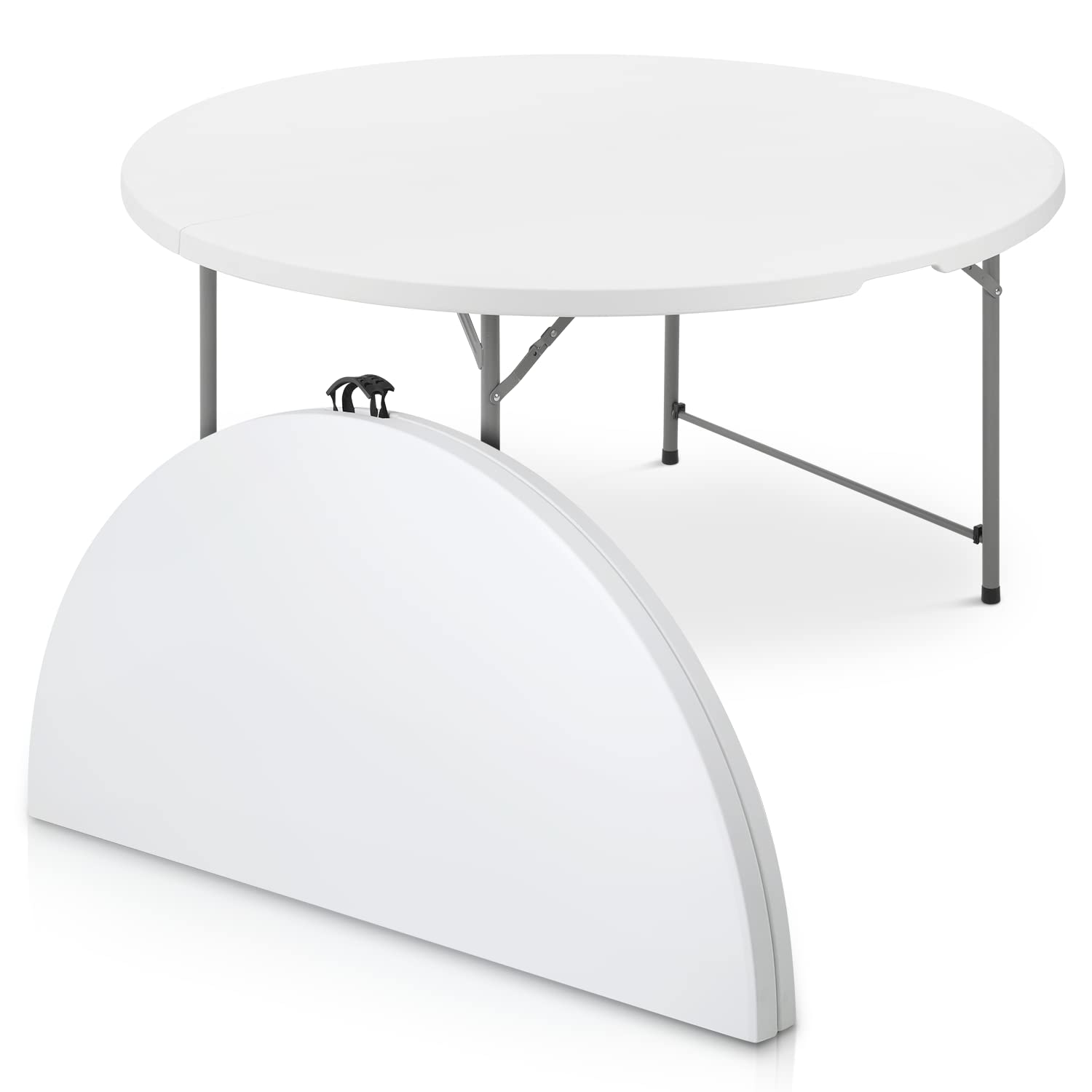 Magshion 60 Inch Round Folding Table - 5 Foot Heavy Duty Plastic Bi-Fold Commercial Dining Table for Indoor & Outdoor Use - Perfect for Events, Camping, Picnics, Parties (White/Gray) - Ideal for Catering, Banquets, Backyard Gatherings & Portable Dining Solutions
