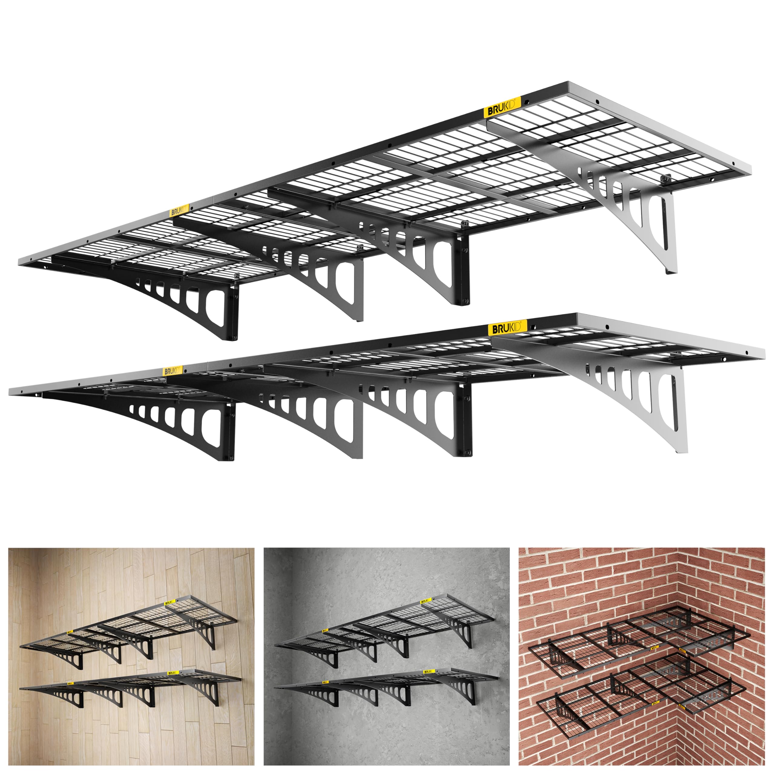 2x3ft Adjustable Wall Mount Garage Storage Shelf - Heavy Duty Metal Shelving Rack for Tools, Pantry, Supermarket & Retail (4 Pack, Black) | Perfect for Garage Organization, Workshop Storage & Retail Displays