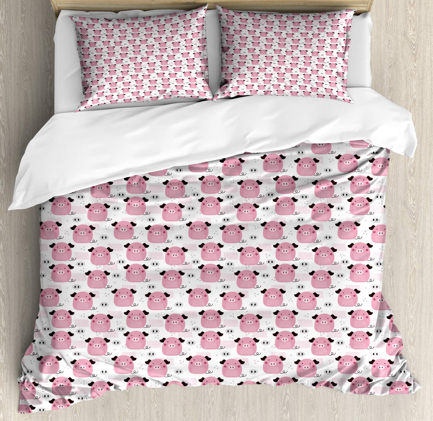 Ambesonne Piglet Duvet Cover Set - King Size Grey Pink Polka Dot Pig Pattern 3-Piece Bedding with 2 Pillow Shams | Farmhouse Chic Nursery Decor, Kids Room & Cozy Bedroom Upgrade