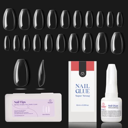 Beetles 500Pcs Clear Short Ballerina False Nails with Nail Glue Kit - Acrylic Nails, Dip Powder, Poly Gel Extensions - Perfect for DIY Nail Art at Home & Professional Salon Use