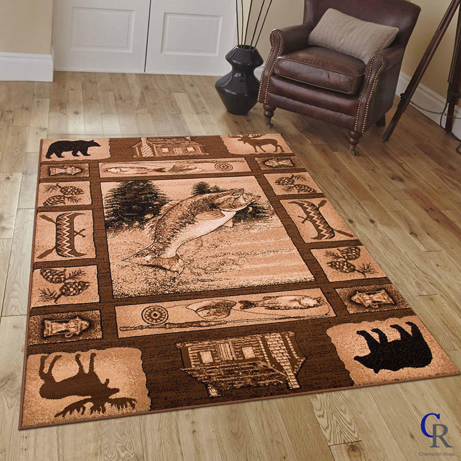 Country Themed Area Rug - Fish, Bear & Elk Cabin Design in Brown/Tan - 7'7