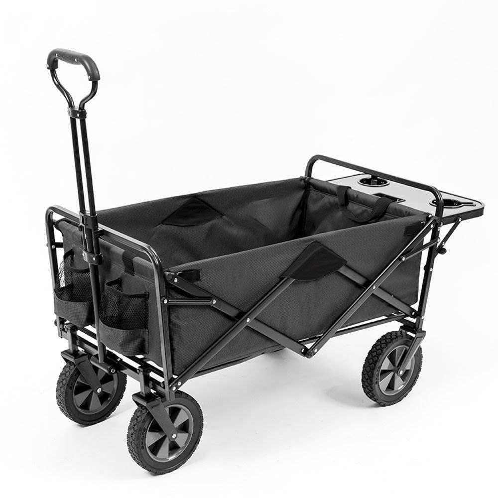 Foldable Collapsible Storage Wagon with Wheels - Heavy Duty Portable Utility Cart with Folding Table & Drink Holders - Ideal for Grocery Shopping, Beach Trips, Camping & Outdoor Activities (Grey)