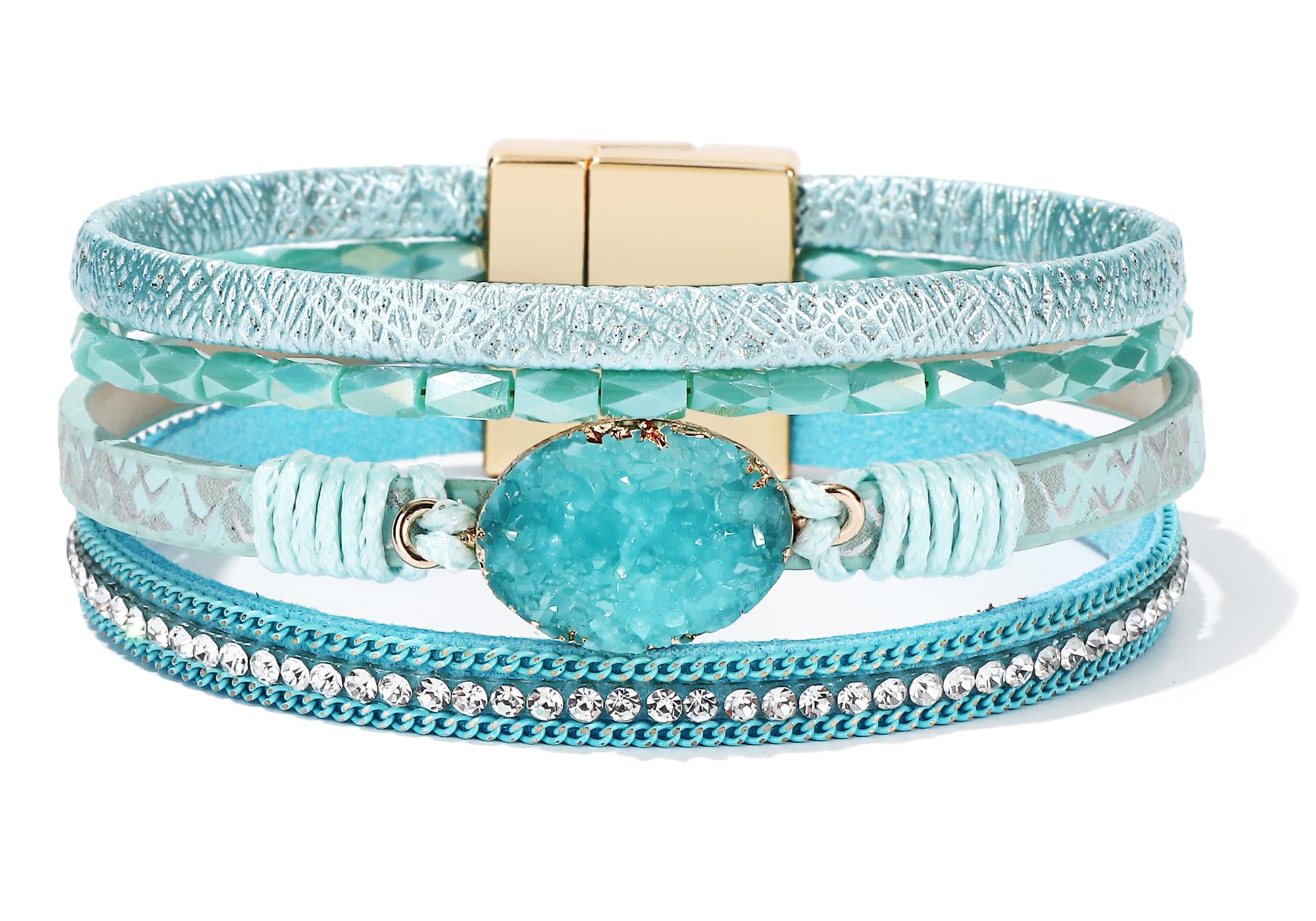 Trendy Blue Leather Wrap Bracelet for Women - Stackable Western Cuff Bracelet, Multi-Layer Boho Jewelry for Everyday Wear & Casual Outfits