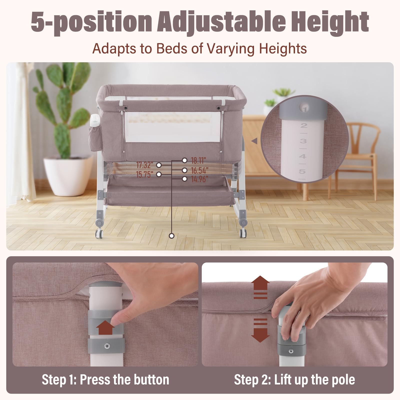 Jaoul 4-in-1 Adjustable Baby Bassinet Bedside Sleeper & Portable Crib with Comfortable Mattress, Mosquito Net & Storage - Ideal for Newborns & Infants - Perfect for Nursery, Bedroom & Travel (Khaki)