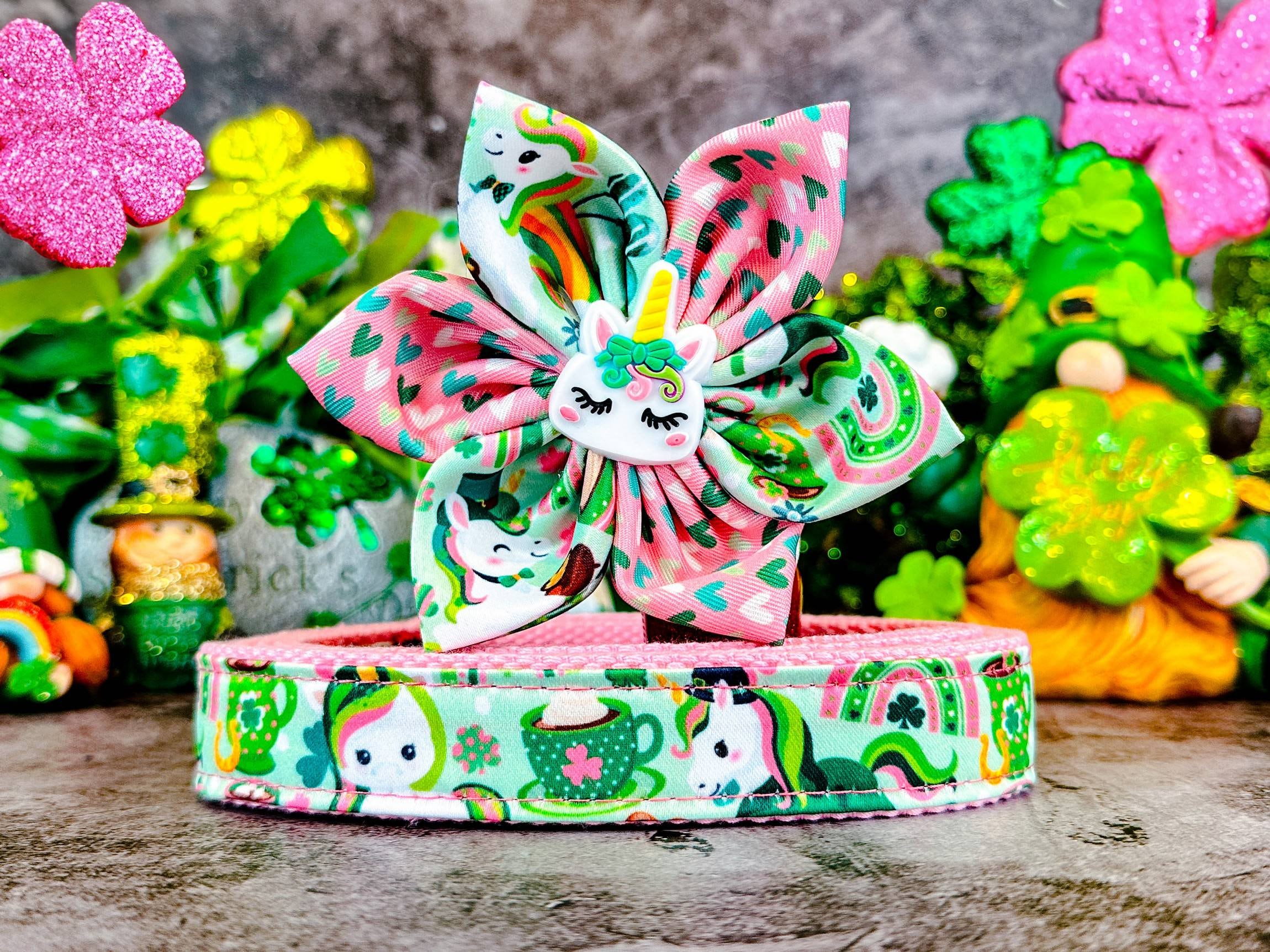 St. Patrick's Day Dog Collar with Flower & Pink Unicorn Charm | Adjustable Pet Collar for Small Medium Dogs | Perfect for Irish Themed Parties, Pet Parades & Photo Shoots