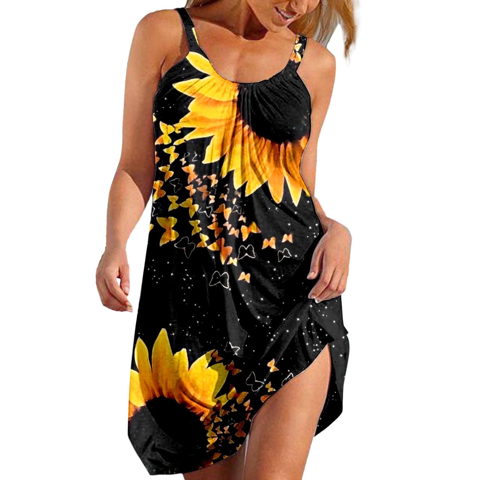 Women's Sleeveless Sundress - Floral Sunflower Print Casual Summer Tank Dress with Crew Neck | Perfect for Beach Vacations, Pool Parties & Summer Outings
