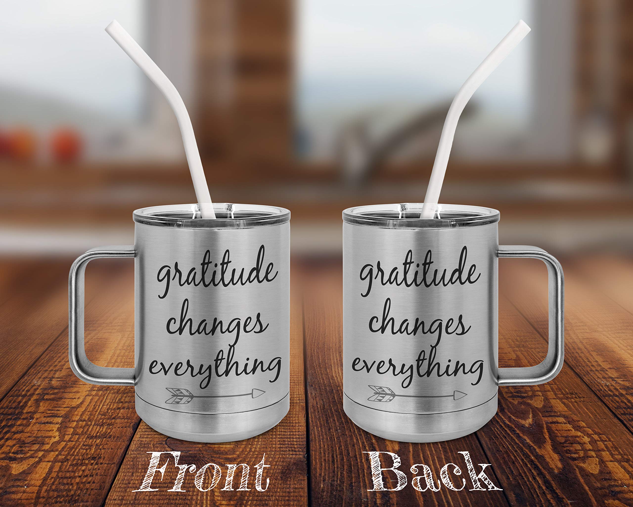 PixiDoodle Insulated Coffee Mug with Spill-Resistant Lid & Silicone Straw - 15oz Silver Tumbler for Hot/Cold Drinks - Perfect for Office, Travel, and Gift Giving - Inspirational Thankful Gratitude Design