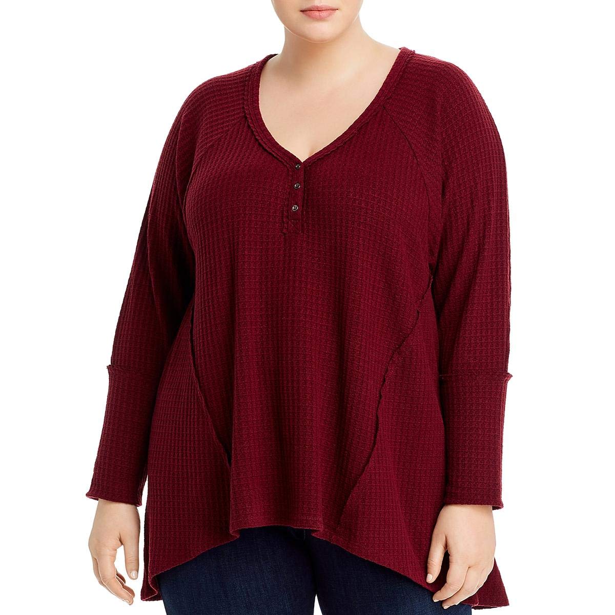 Cupio Women's Plus Size Waffle Henley Blush Top - Soft Long Sleeve Shirt for Casual Wear & Layering