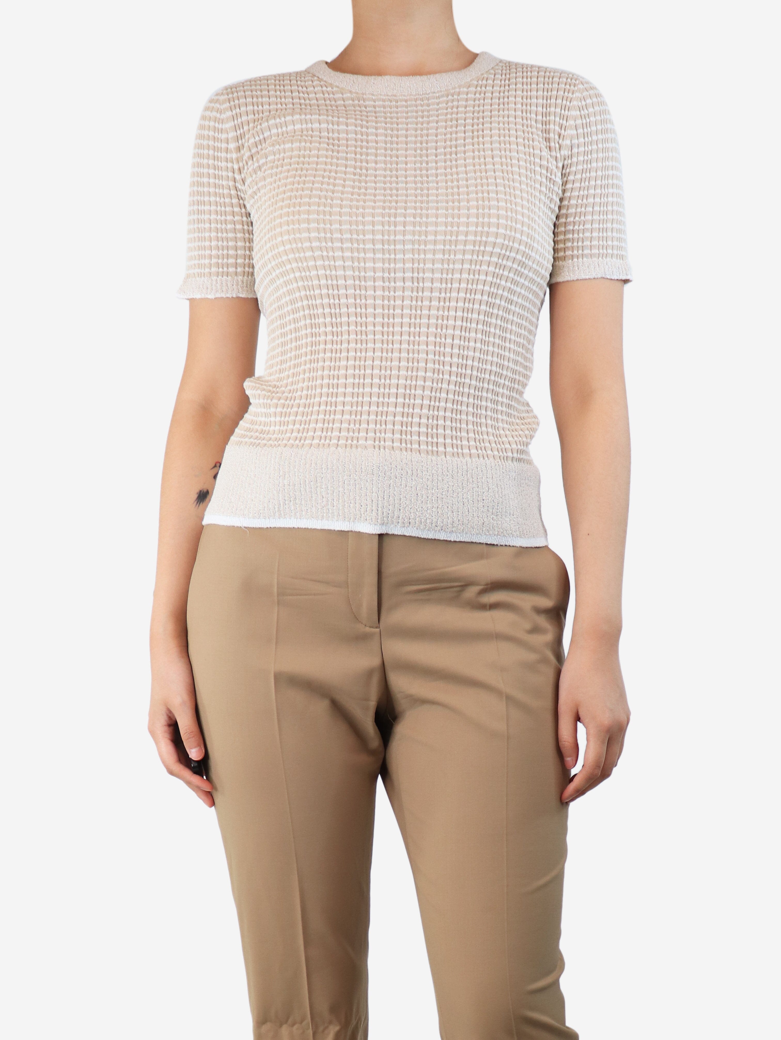 Beige Striped Rib Knit Top for Women - Size M - Soft & Stretchy Casual T-Shirt for Everyday Wear, Layering, and Outfits