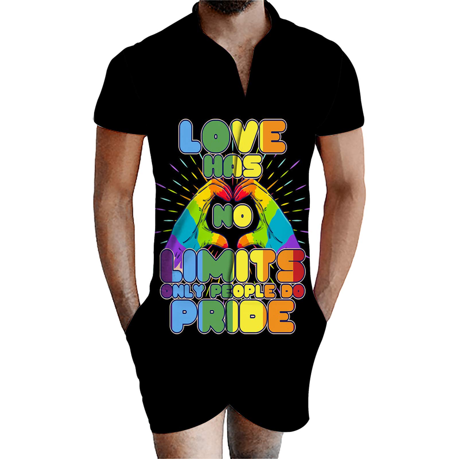 URVIP Men's Rainbow Pride Jumpsuit - 3D Printed LGBT Gay Pride Short Sleeve Romper with Pockets | Summer One-Piece Overall for Pride Parades, Festivals & Casual Wear