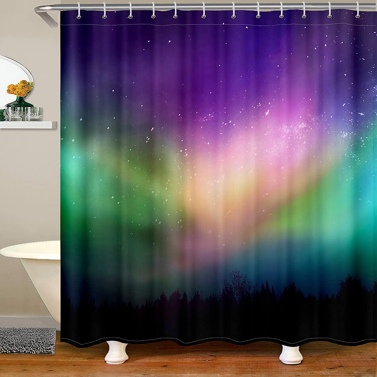 Sparkling Starlight Shower Curtain - Waterproof Bathroom Decor with 12 Hooks for Teens & Adults, 72x72 Inch - Colorful Aurora Design for Bathtub & Shower, Perfect for Bedroom, Dorm, and Bathroom Decor - Romantic Summer Style Home Accessory