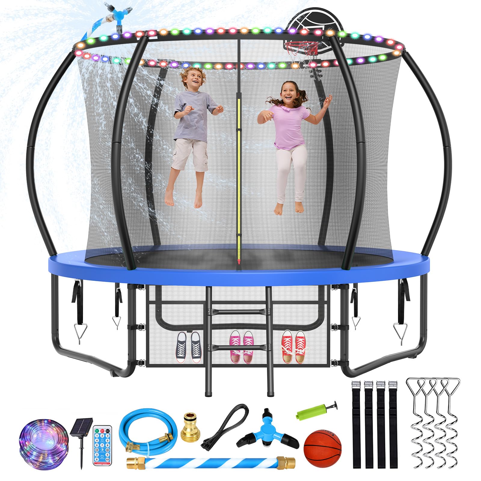 10FT-16FT Large Outdoor Trampoline with Basketball Hoop & LED Lights - Heavy Duty Jumping Mat for Kids & Adults - Water Sprinkler & Anchor Stakes Included - Perfect for Backyard Fun, Exercise & Family Bonding